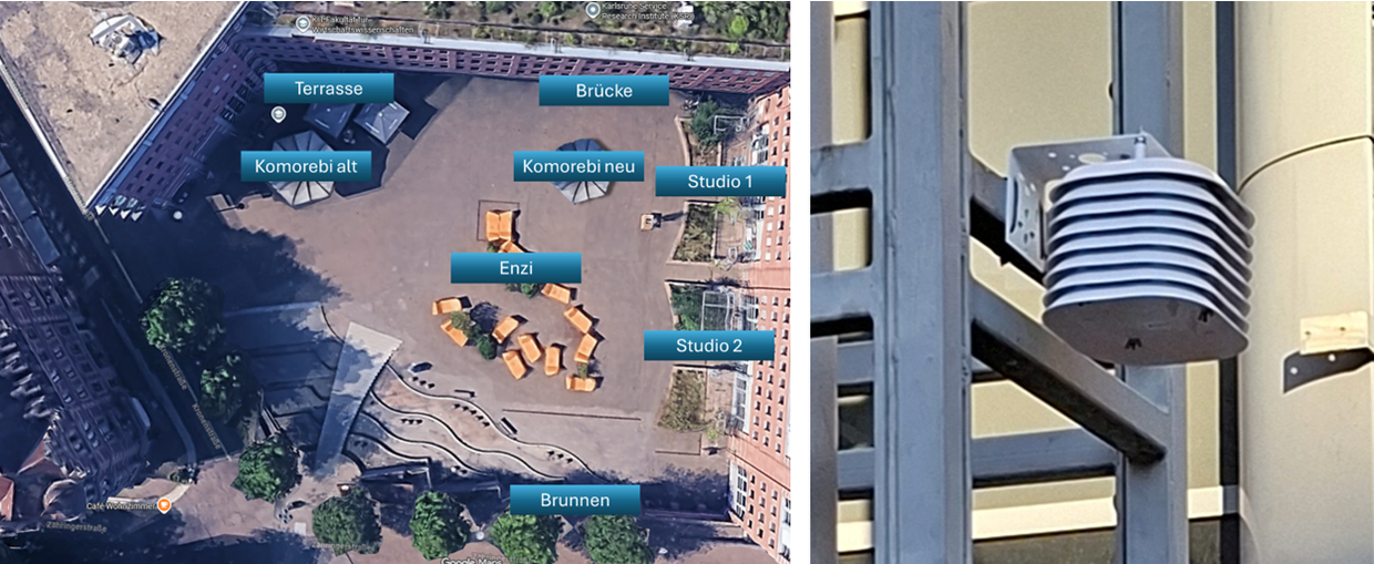 Süddeutsches Klimabüro am KIT Außenansicht eines Universitätscampus mit Sitzgelegenheiten, Wegen und Spielbereich; Label-Tags markieren Terrassen, Brücke, Studio 1/2, Komorebi alt/neu, Brunnen und Enzi.